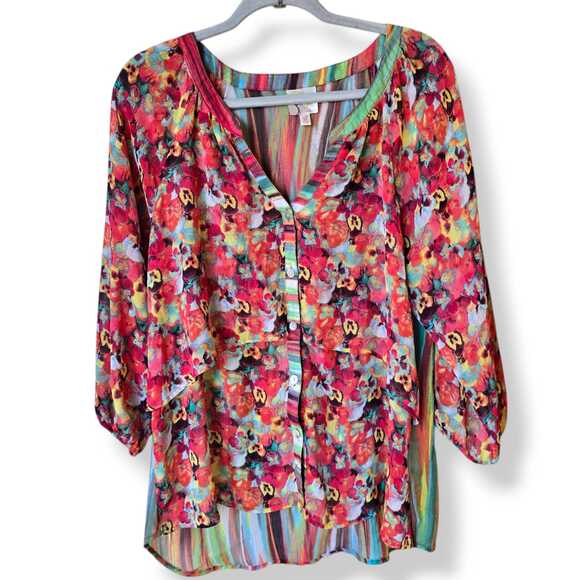 Anthropologie Tops - Fig Flower Anthropologie Floral Blouse Size XL Tiered Mother Pearl Button Artsy